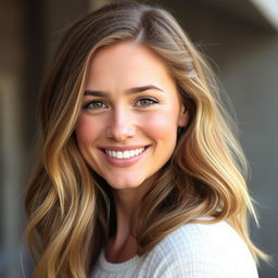 A portrait of a woman with beautiful chestnut hair featuring striking blonde highlights, complemented by a sprinkle of charming freckles on her face