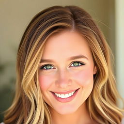 A portrait of a woman with beautiful chestnut hair featuring striking blonde highlights, complemented by a sprinkle of charming freckles on her face