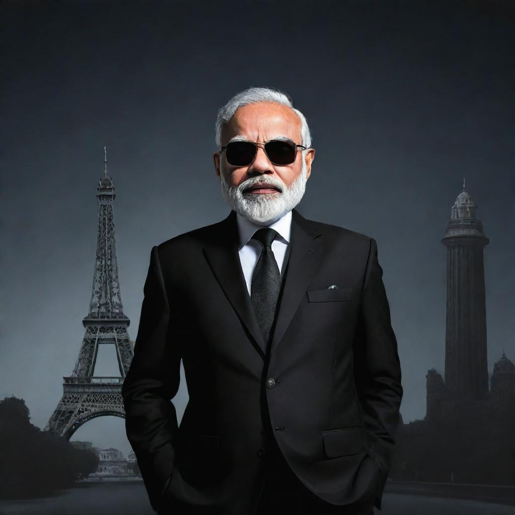 Caricature of Narendra Modi in a stylized 'mafia' avatar. Dressed in a sharp suit with shades, against a backdrop of iconic Indian landmarks with a moody, noir-like atmosphere.