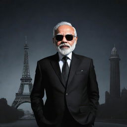 Caricature of Narendra Modi in a stylized 'mafia' avatar. Dressed in a sharp suit with shades, against a backdrop of iconic Indian landmarks with a moody, noir-like atmosphere.