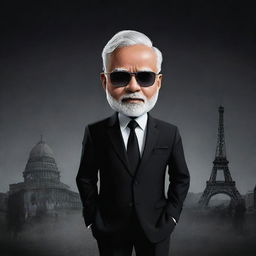 Caricature of Narendra Modi in a stylized 'mafia' avatar. Dressed in a sharp suit with shades, against a backdrop of iconic Indian landmarks with a moody, noir-like atmosphere.