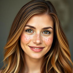 A woman with beautiful chestnut hair that has stunning blonde highlights, displaying an abundance of charming freckles across her cheeks and nose