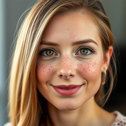 A woman with beautiful chestnut hair that has stunning blonde highlights, displaying an abundance of charming freckles across her cheeks and nose