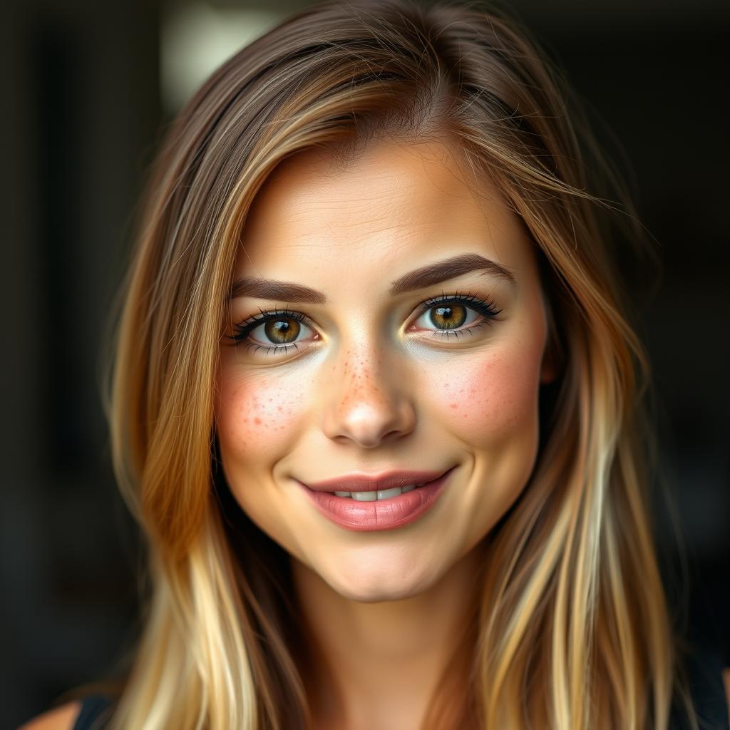 A woman with beautiful chestnut hair that has stunning blonde highlights, displaying an abundance of charming freckles across her cheeks and nose