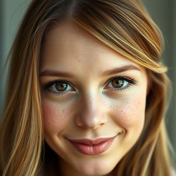 A woman with beautiful chestnut hair that has stunning blonde highlights, displaying an abundance of charming freckles across her cheeks and nose