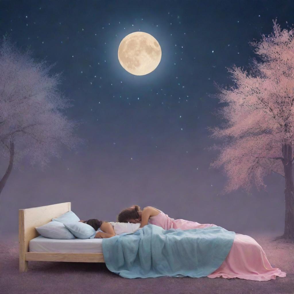 Generate an image for a romantic book cover titled 'Three Ways to Sleep'. It should radiate warmth, intimateness, and tranquility, incorporating elements like a moonlit night, silhouettes of a couple, and soft pastel colours.