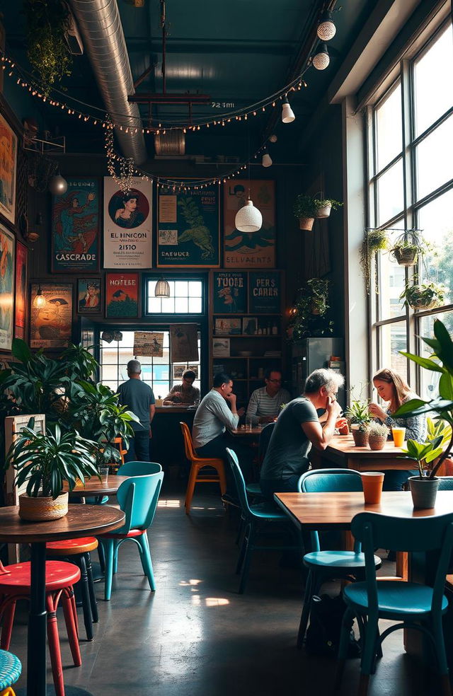 A cozy and artistic interior of a bohemian café named 'El Rincón Bohemio'