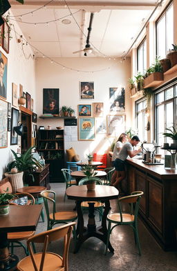 A cozy and artistic interior of a bohemian café named 'El Rincón Bohemio'