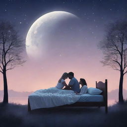 Generate an image for a romantic book cover titled 'Three Ways to Sleep'. It should radiate warmth, intimateness, and tranquility, incorporating elements like a moonlit night, silhouettes of a couple, and soft pastel colours.