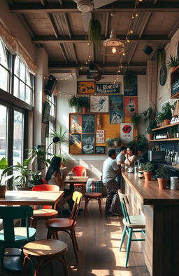 A cozy and artistic interior of a bohemian café named 'El Rincón Bohemio'