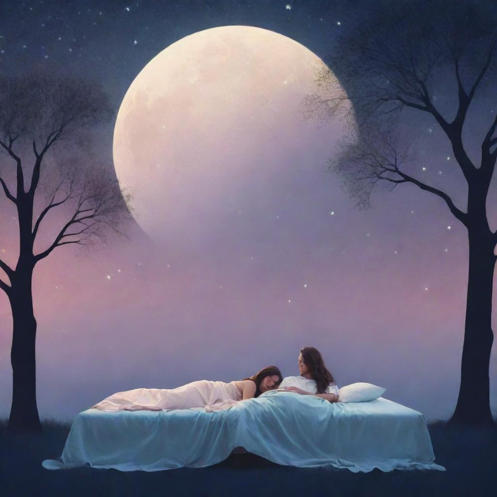 Generate an image for a romantic book cover titled 'Three Ways to Sleep'. It should radiate warmth, intimateness, and tranquility, incorporating elements like a moonlit night, silhouettes of a couple, and soft pastel colours.