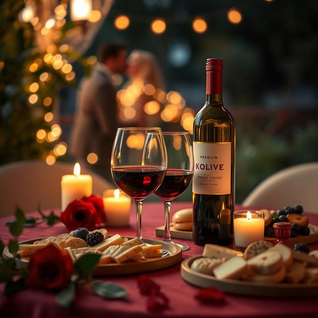 A romantic scene featuring a beautifully arranged wine table in a candlelit setting