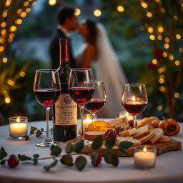 A romantic scene featuring a beautifully arranged wine table in a candlelit setting