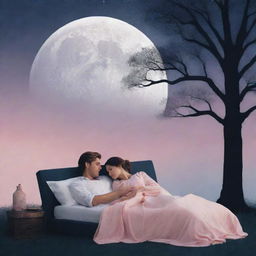 Generate an image for a romantic book cover titled 'Three Ways to Sleep'. It should radiate warmth, intimateness, and tranquility, incorporating elements like a moonlit night, silhouettes of a couple, and soft pastel colours.