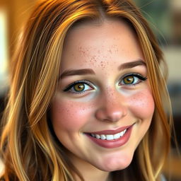 A woman with chestnut hair featuring blonde highlights, adorned with freckles all over her face