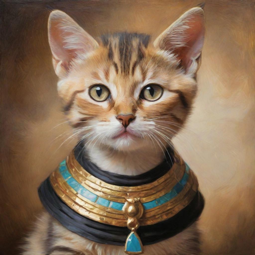 An oil painting style portrait of a charming kitten dressed up as an Egyptian goddess.