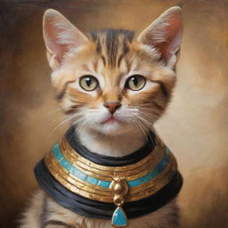 An oil painting style portrait of a charming kitten dressed up as an Egyptian goddess.