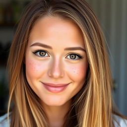 A woman with chestnut hair featuring blonde highlights, adorned with freckles all over her face