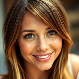 A woman with chestnut hair featuring blonde highlights, adorned with freckles all over her face