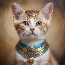 An oil painting style portrait of a charming kitten dressed up as an Egyptian goddess.