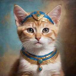 An oil painting style portrait of a charming kitten dressed up as an Egyptian goddess.