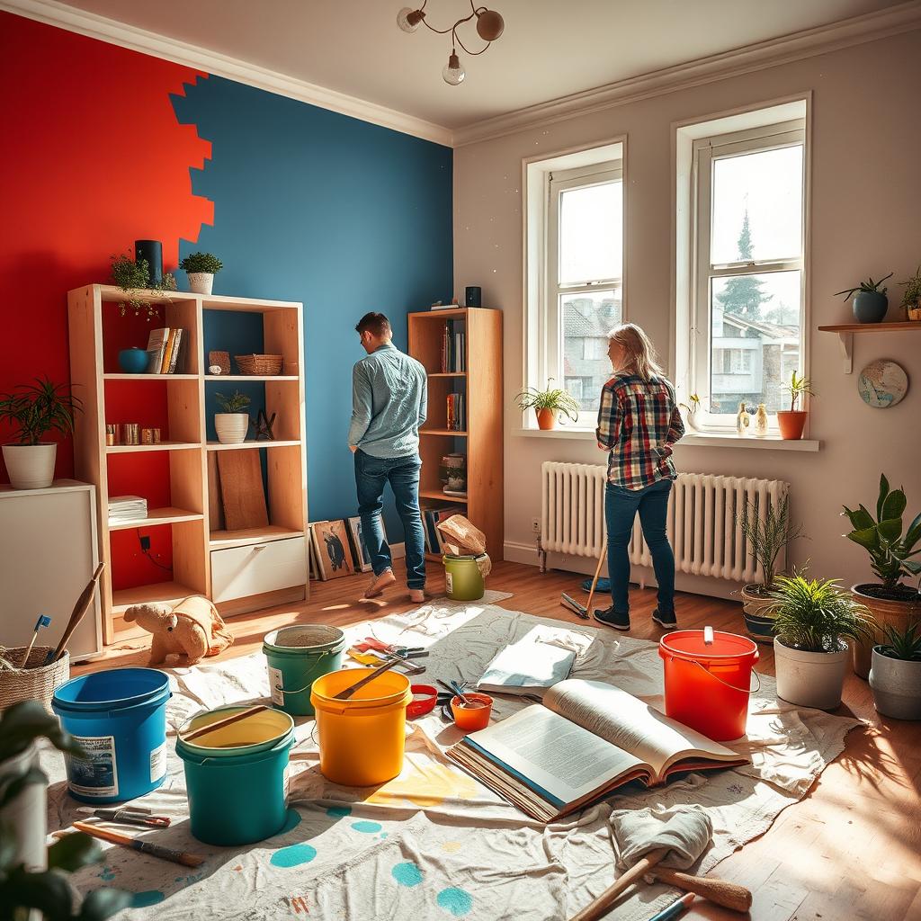 A dynamic scene showcasing an engaging DIY house project in progress, featuring a couple working together on renovating a room