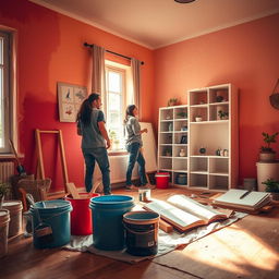 A dynamic scene showcasing an engaging DIY house project in progress, featuring a couple working together on renovating a room