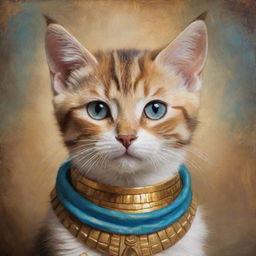 An oil painting style portrait of a charming kitten dressed up as an Egyptian goddess.