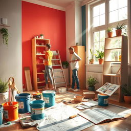 A dynamic scene showcasing an engaging DIY house project in progress, featuring a couple working together on renovating a room