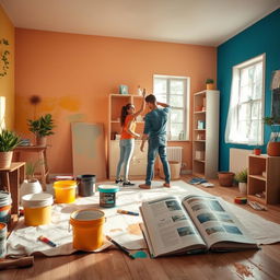 A dynamic scene showcasing an engaging DIY house project in progress, featuring a couple working together on renovating a room