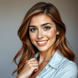 A woman standing confidently with chestnut hair that features blonde highlights, her face dotted with numerous freckles