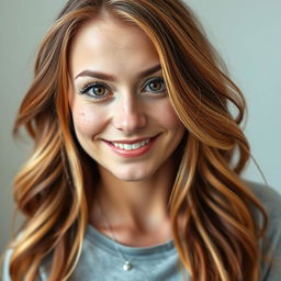 A woman standing confidently with chestnut hair that features blonde highlights, her face dotted with numerous freckles