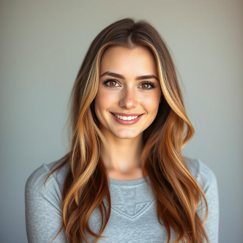 A woman standing confidently with chestnut hair that features blonde highlights, her face dotted with numerous freckles