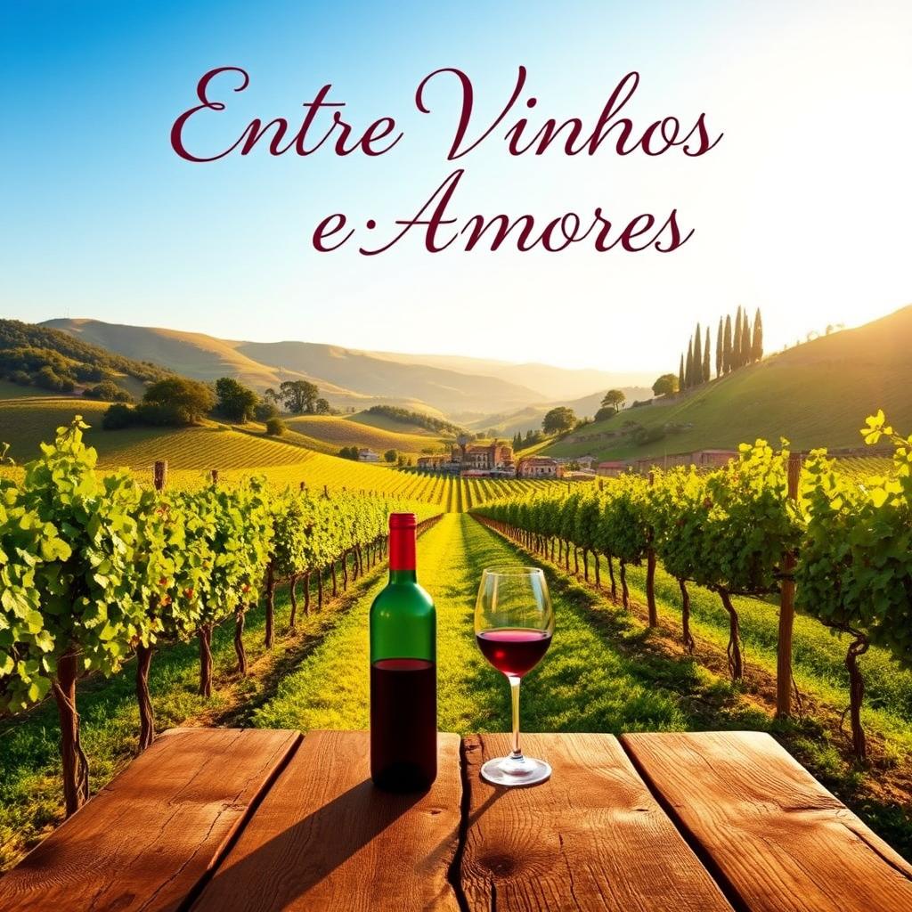 A stunning book cover design for 'Entre Vinhos e Amores' set in a romantic Italian landscape