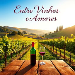 A stunning book cover design for 'Entre Vinhos e Amores' set in a romantic Italian landscape
