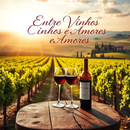 A stunning book cover design for 'Entre Vinhos e Amores' set in a romantic Italian landscape