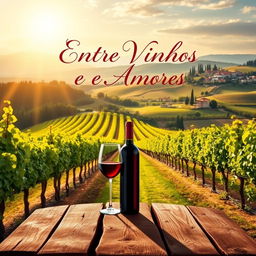 A stunning book cover design for 'Entre Vinhos e Amores' set in a romantic Italian landscape