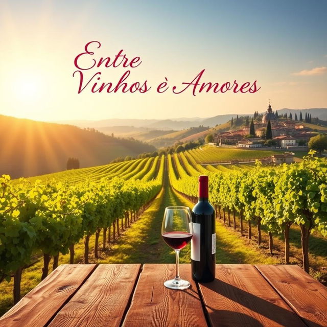 A stunning book cover design for 'Entre Vinhos e Amores' set in a romantic Italian landscape