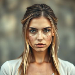 A woman standing with a serious expression, featuring chestnut hair with blonde highlights and a face adorned with numerous freckles