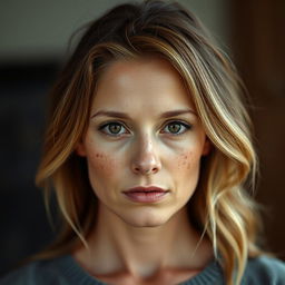 A woman standing with a serious expression, featuring chestnut hair with blonde highlights and a face adorned with numerous freckles