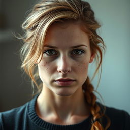 A woman standing with a serious expression, featuring chestnut hair with blonde highlights and a face adorned with numerous freckles