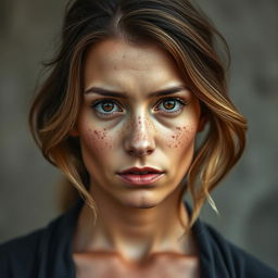 A woman standing with a serious expression, featuring chestnut hair with blonde highlights and a face adorned with numerous freckles