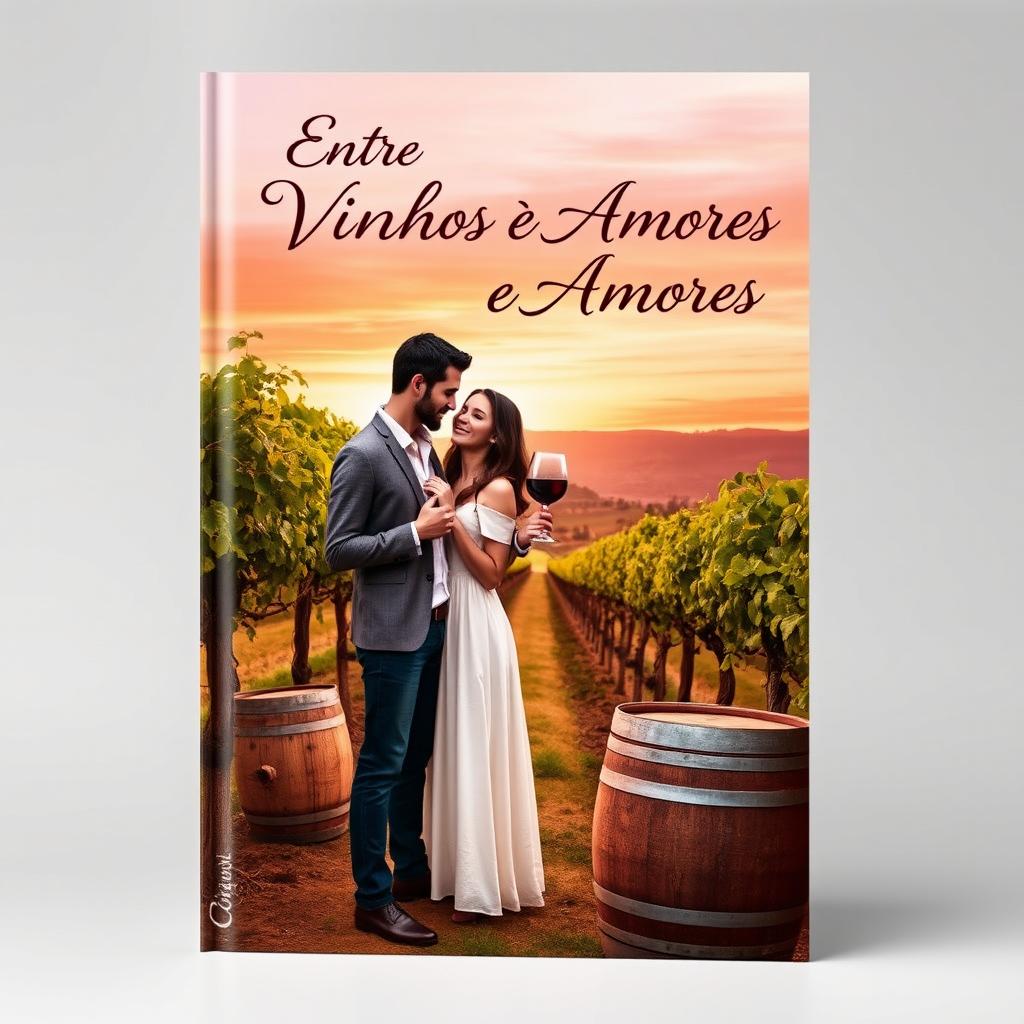 An enchanting book cover design for 'Entre Vinhos e Amores', showcasing a romantic Italian setting