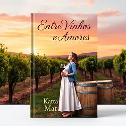 An enchanting book cover design for 'Entre Vinhos e Amores', showcasing a romantic Italian setting