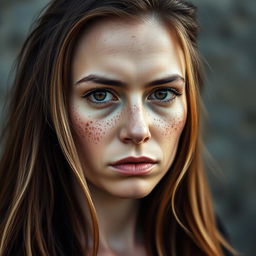 A woman standing with a serious expression, featuring chestnut hair with blonde highlights and a face covered in freckles