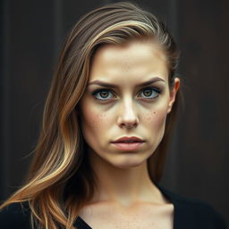 A woman standing with a serious expression, featuring chestnut hair with blonde highlights and a face covered in freckles