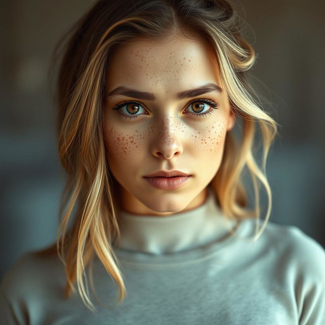 A woman standing with a serious expression, featuring chestnut hair with blonde highlights and a face covered in freckles