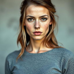 A woman standing with a serious expression, featuring chestnut hair with blonde highlights and a face covered in freckles