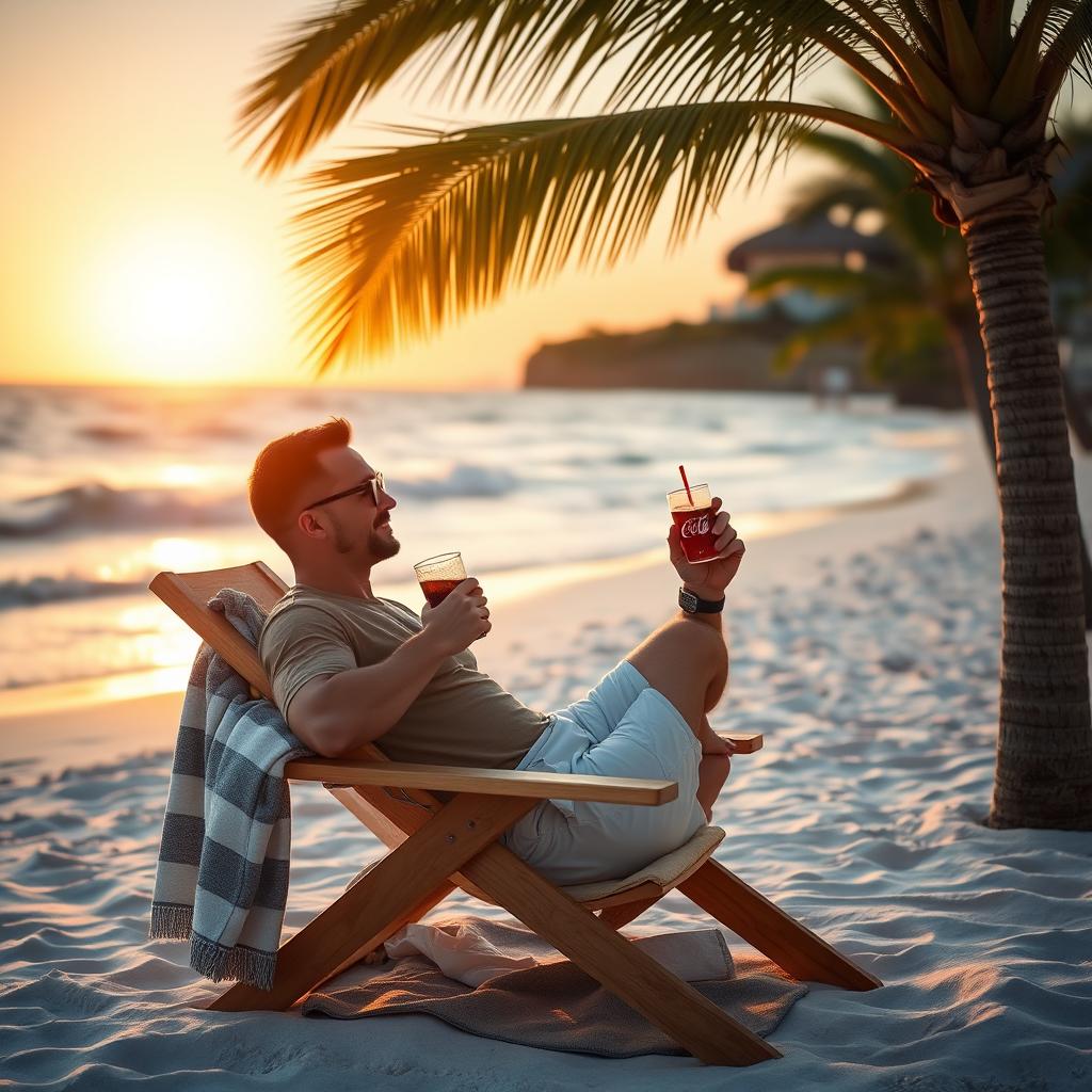 A serene beach scene featuring a comfortable beach chair with a man sitting in it, enjoying a refreshing cola