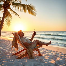 A serene beach scene featuring a comfortable beach chair with a man sitting in it, enjoying a refreshing cola